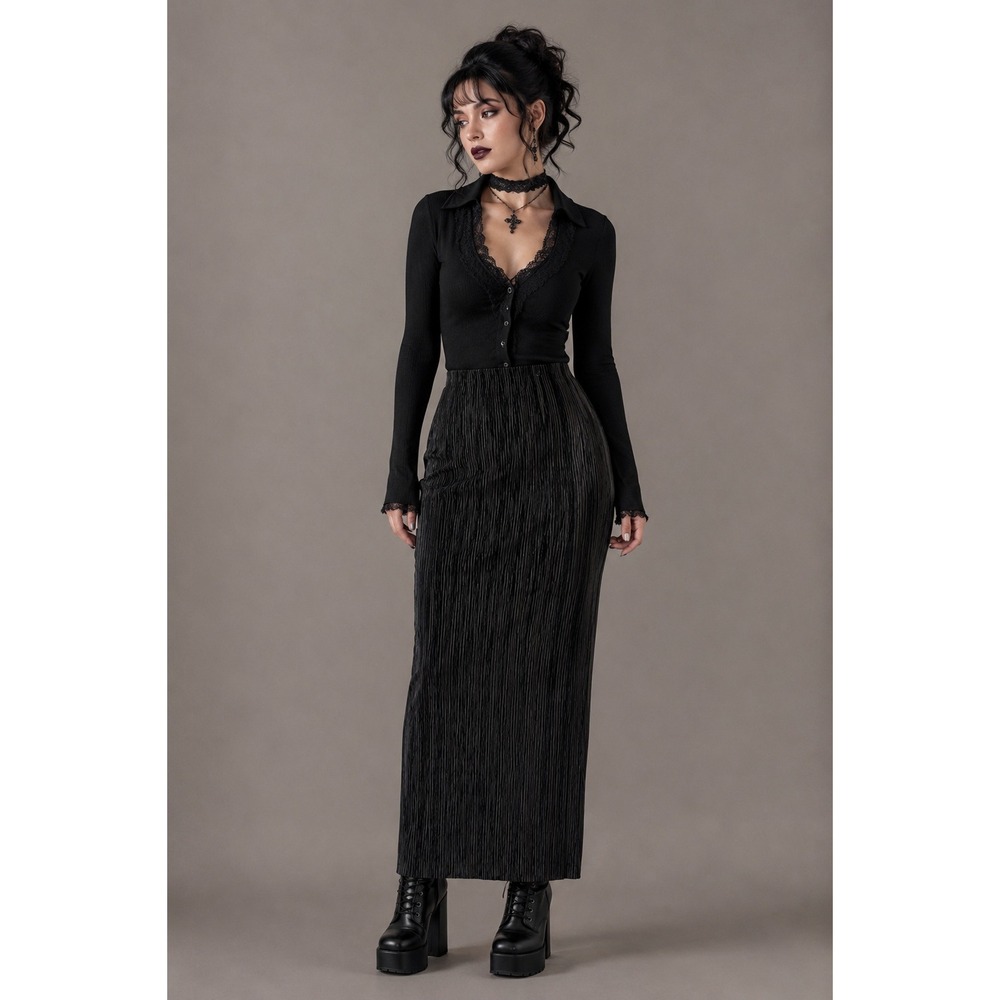 Black Pleated Velvet Maxi Pencil Skirt Stretch Corp Goth Medium